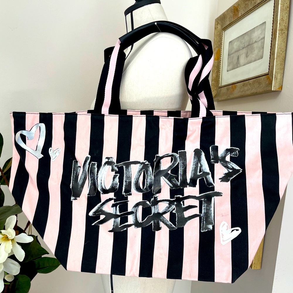 Victorias Secret Canvas Tote Travel Bag Black Pink Stripes Zipper Shoulder Strap